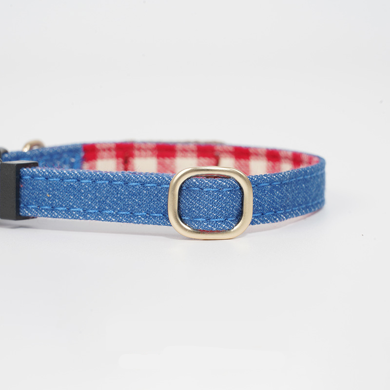 Dog Collar Neckband Retro Denim Blue Checkered - PIKAPIKA