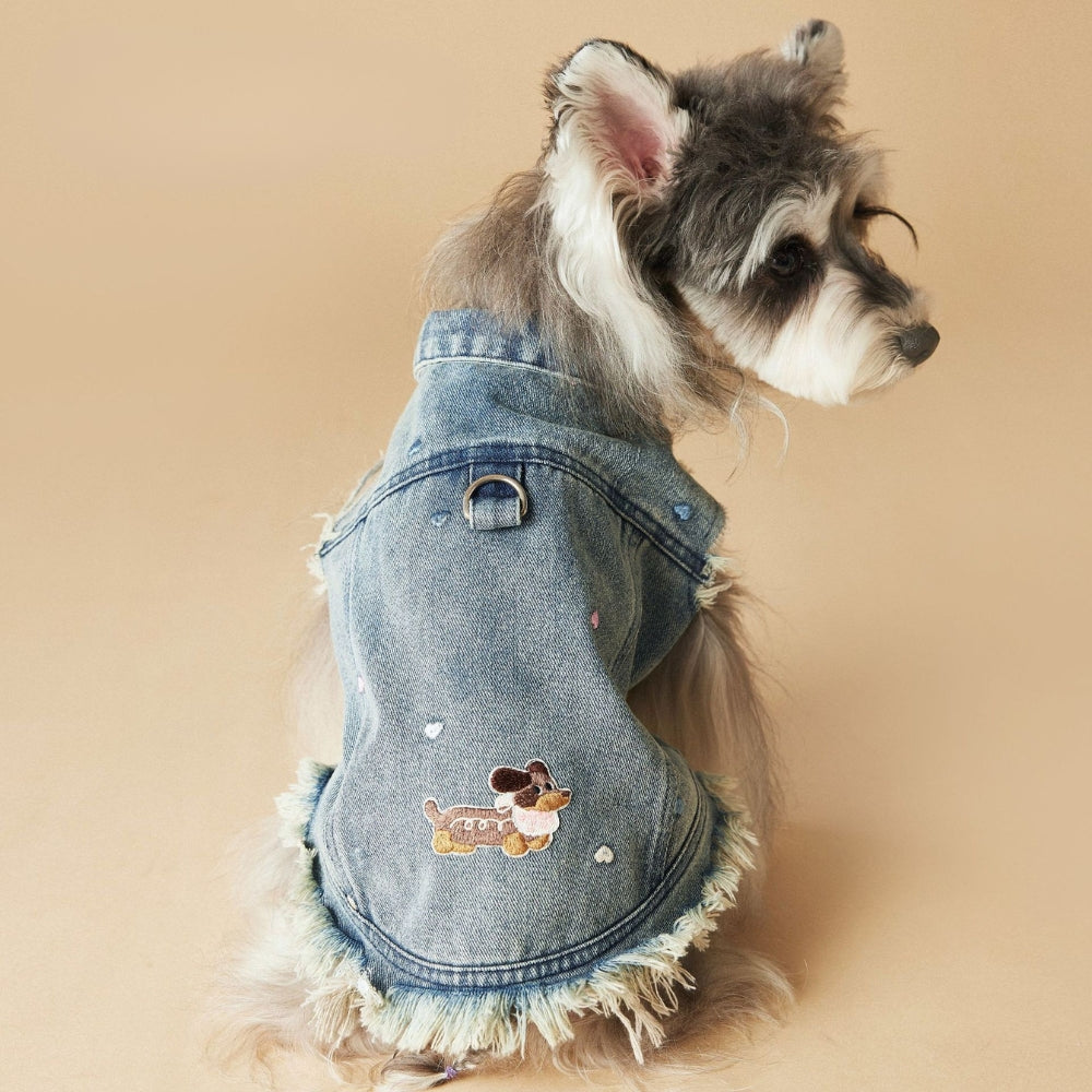 Denim Vest Jacket Dachshund Dog Clothes With D-ring - PIKAPIKA