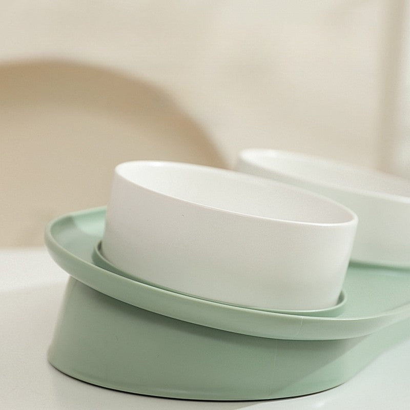 Double Pet Food Bowl Ceramic Dog Cat Water Bowl 10° Slope With Holder - PIKAPIKA