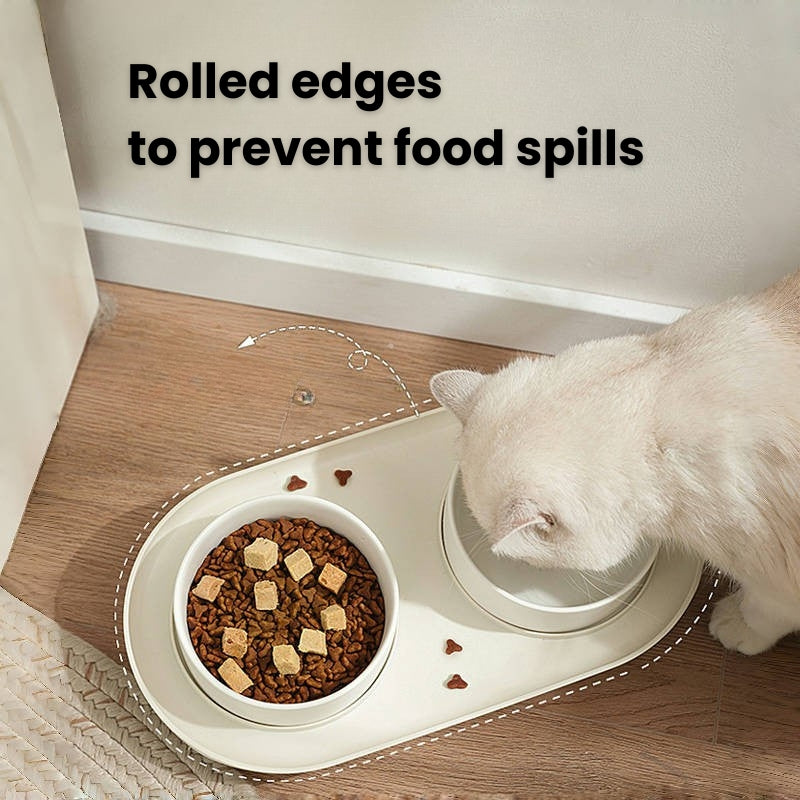 Double Pet Food Bowl Ceramic Dog Cat Water Bowl 10° Slope With Holder - PIKAPIKA