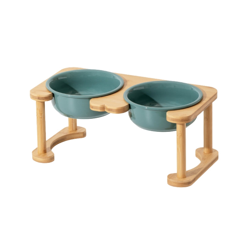 Pet Double Food Bowl Ceramic With Wood Holder - PIKAPIKA