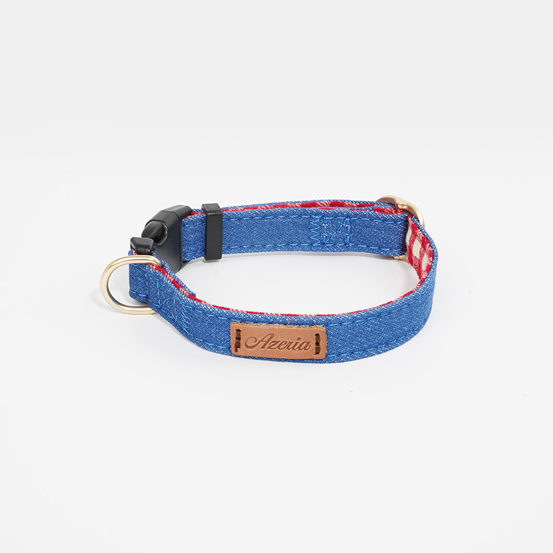 Dog Collar Neckband Retro Denim Blue Checkered - PIKAPIKA