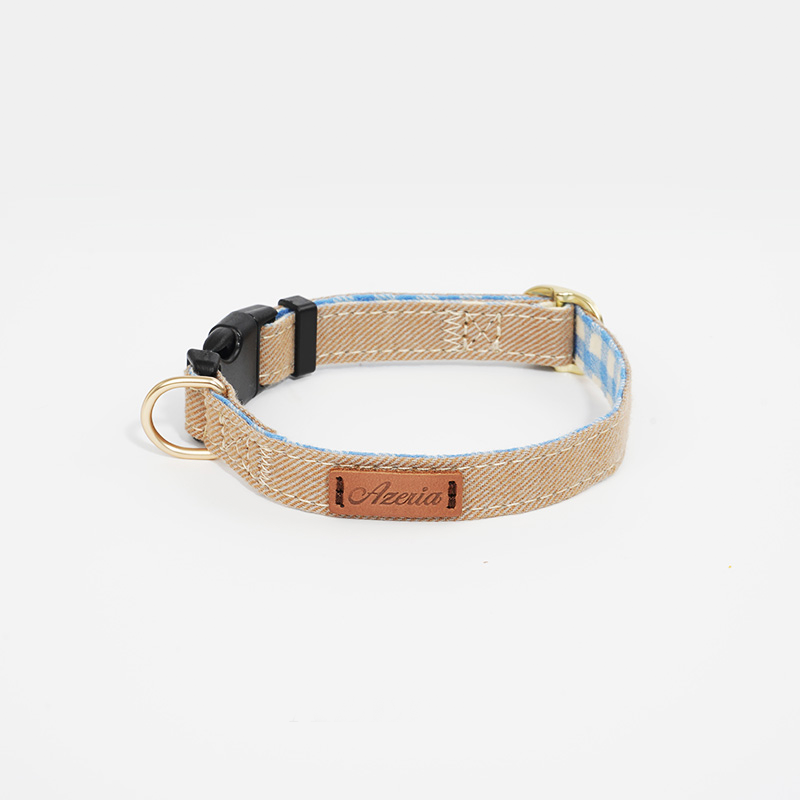 Dog Collar Neckband Retro Denim Blue Checkered - PIKAPIKA
