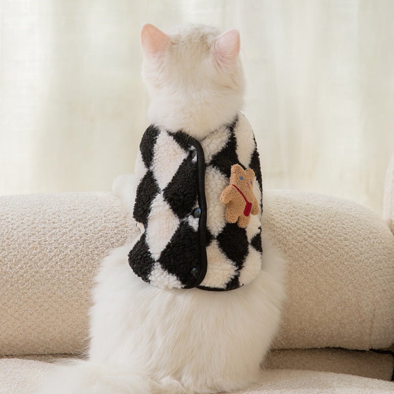 Cat Clothes Plush Vest Jacket Argyle Pattern - PIKAPIKA