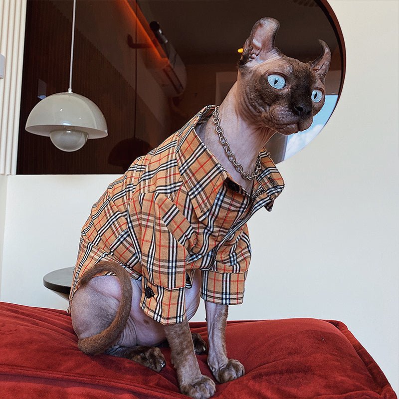 Check Shirt Sphynx Cat Clothes Burberry Style - PIKAPIKA