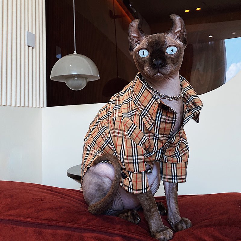 Check Shirt Sphynx Cat Clothes Burberry Style - PIKAPIKA
