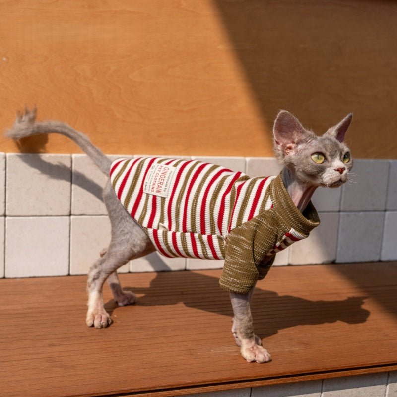 Colorblock Waffle Stripe Cotton T-Shirt Sweatshirt Sphynx Cat Clothes - PIKAPIKA