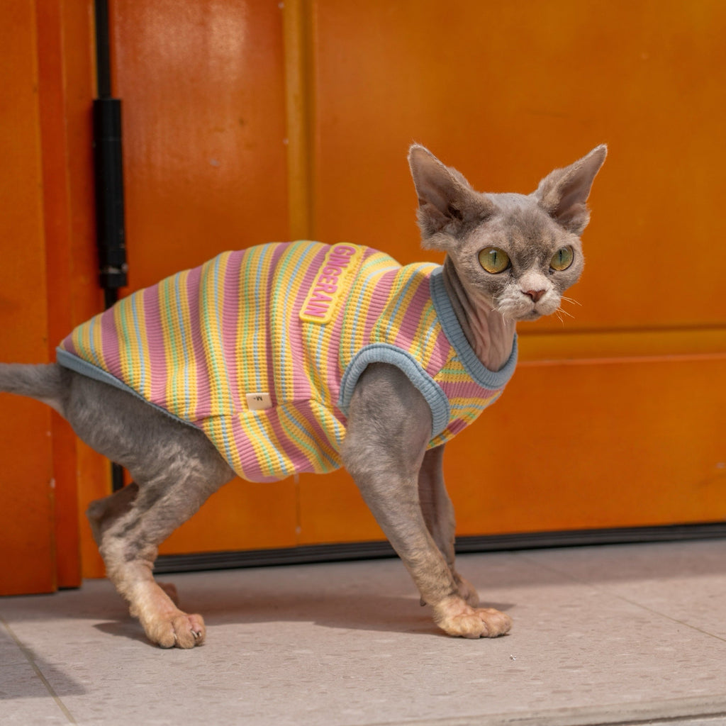 Colorblock Waffle Stripe Vest Cotton T-Shirt Sphynx Cat Clothes - PIKAPIKA