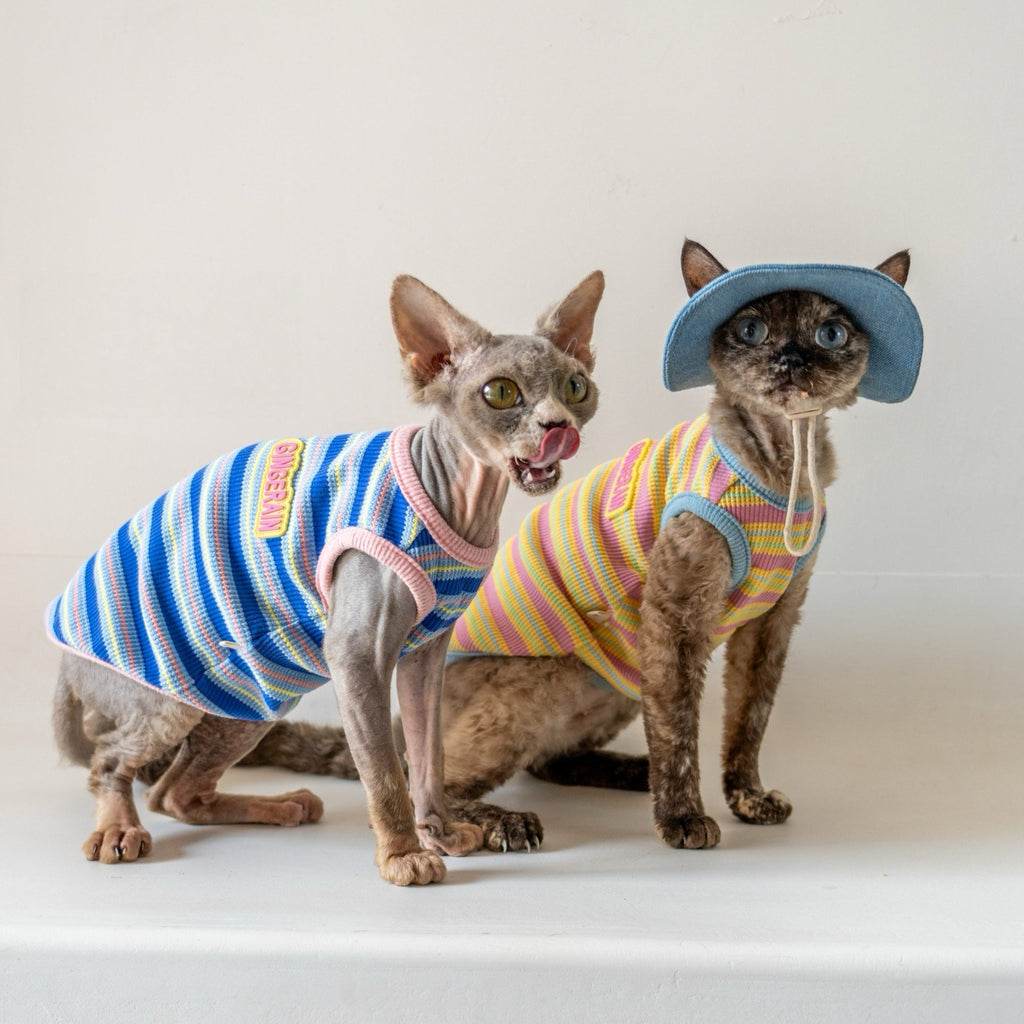 Colorblock Waffle Stripe Vest Cotton T-Shirt Sphynx Cat Clothes - PIKAPIKA