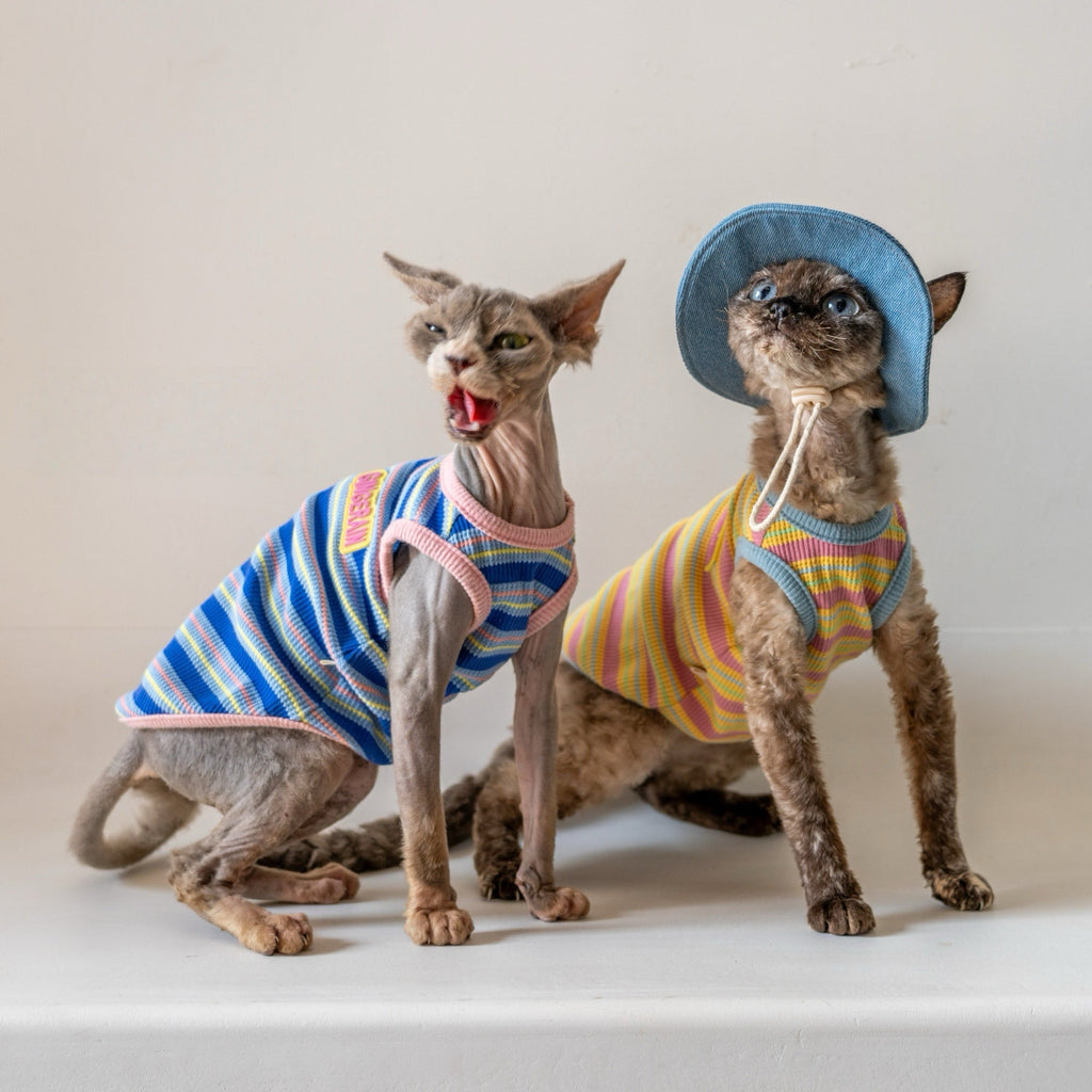 Colorblock Waffle Stripe Vest Cotton T-Shirt Sphynx Cat Clothes - PIKAPIKA