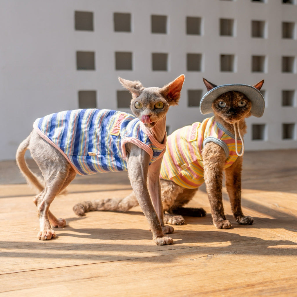 Colorblock Waffle Stripe Vest Cotton T-Shirt Sphynx Cat Clothes - PIKAPIKA