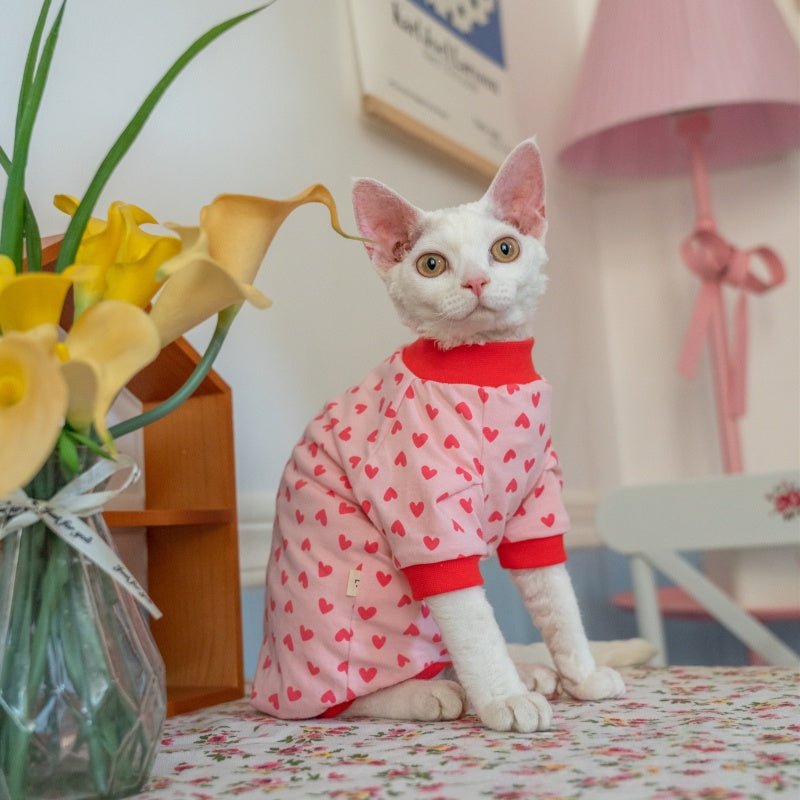 Cotton Lightweight Summer Shirt for Sphynx Cats – Raglan Sleeve Heart Design - PIKAPIKA