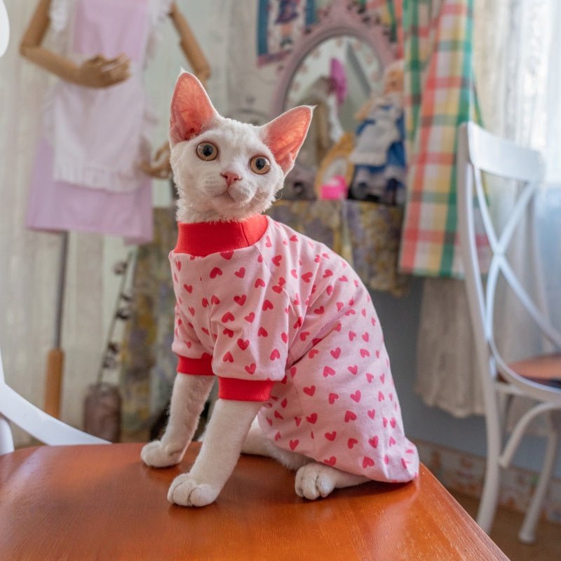 Cotton Lightweight Summer Shirt for Sphynx Cats – Raglan Sleeve Heart Design - PIKAPIKA
