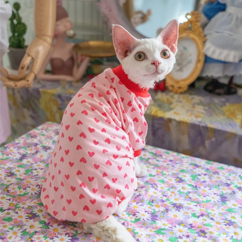Cotton Lightweight Summer Shirt for Sphynx Cats – Raglan Sleeve Heart Design - PIKAPIKA