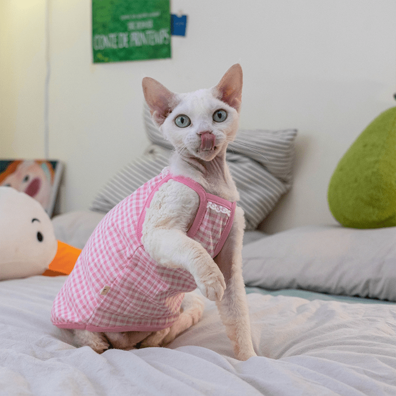 Cotton Plaid Tank Tops High Stretch Breathable Tank Sphynx Cat Clothes - PIKAPIKA