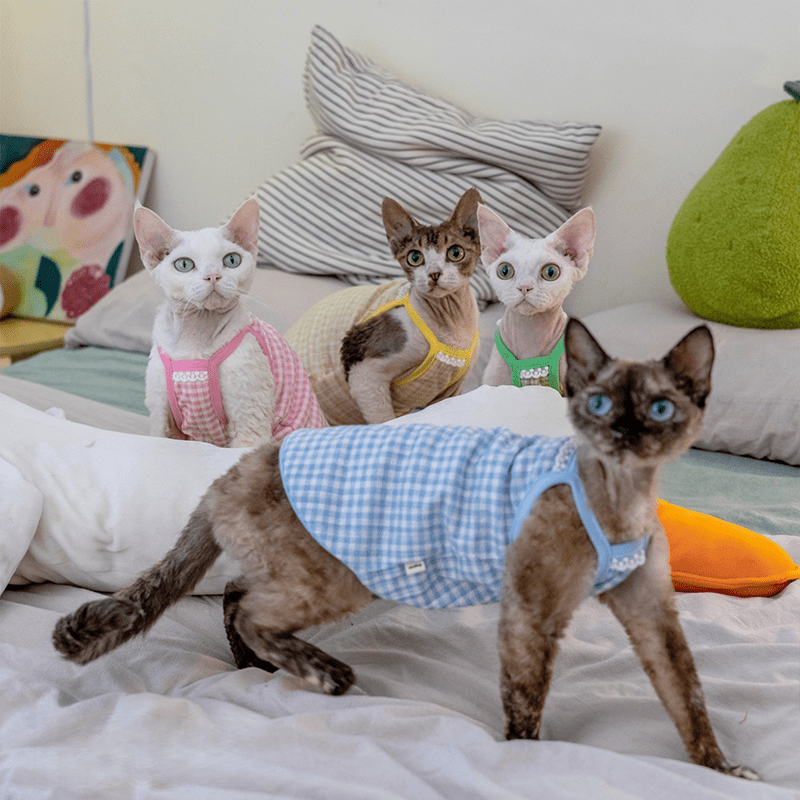 Cotton Plaid Tank Tops High Stretch Breathable Tank Sphynx Cat Clothes - PIKAPIKA