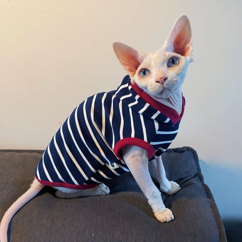 Cotton Striped Hoodie Sphynx Devon Cat Clothes Pullover Sweatshirt - PIKAPIKA