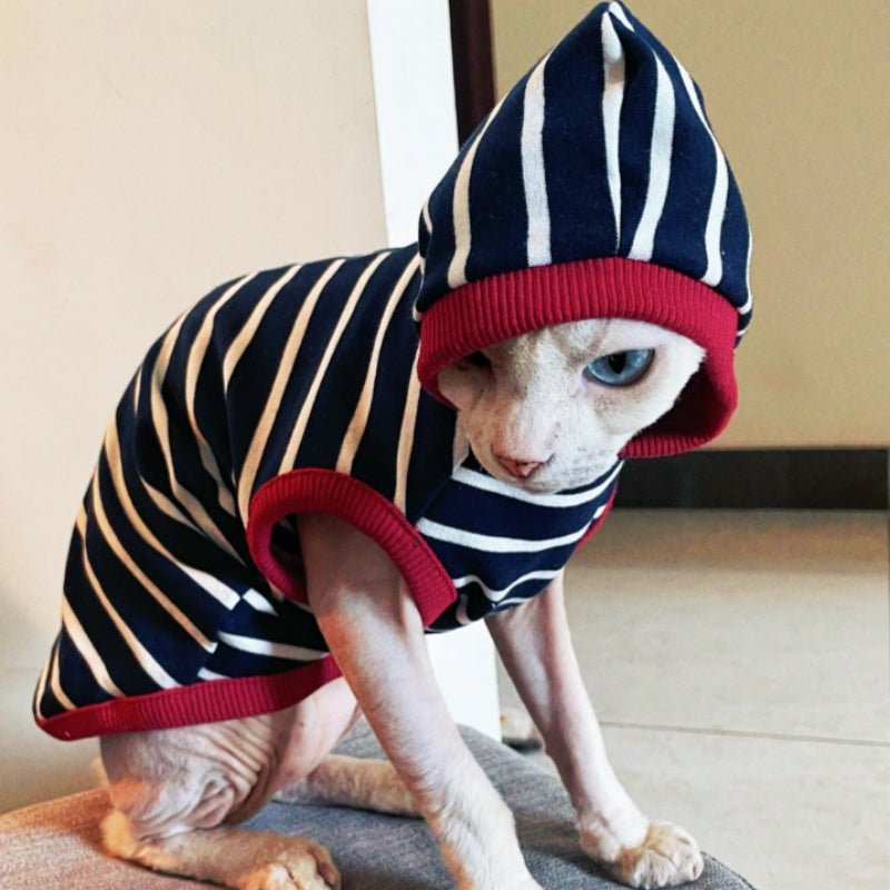 Cotton Striped Hoodie Sphynx Devon Cat Clothes Pullover Sweatshirt - PIKAPIKA