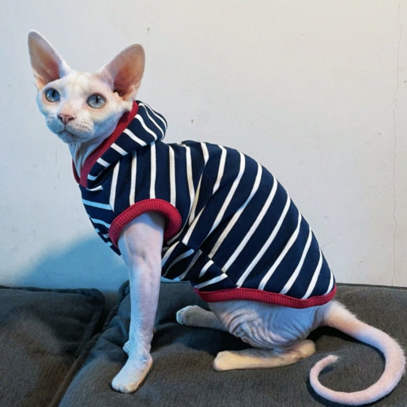 Cotton Striped Hoodie Sphynx Devon Cat Clothes Pullover Sweatshirt - PIKAPIKA