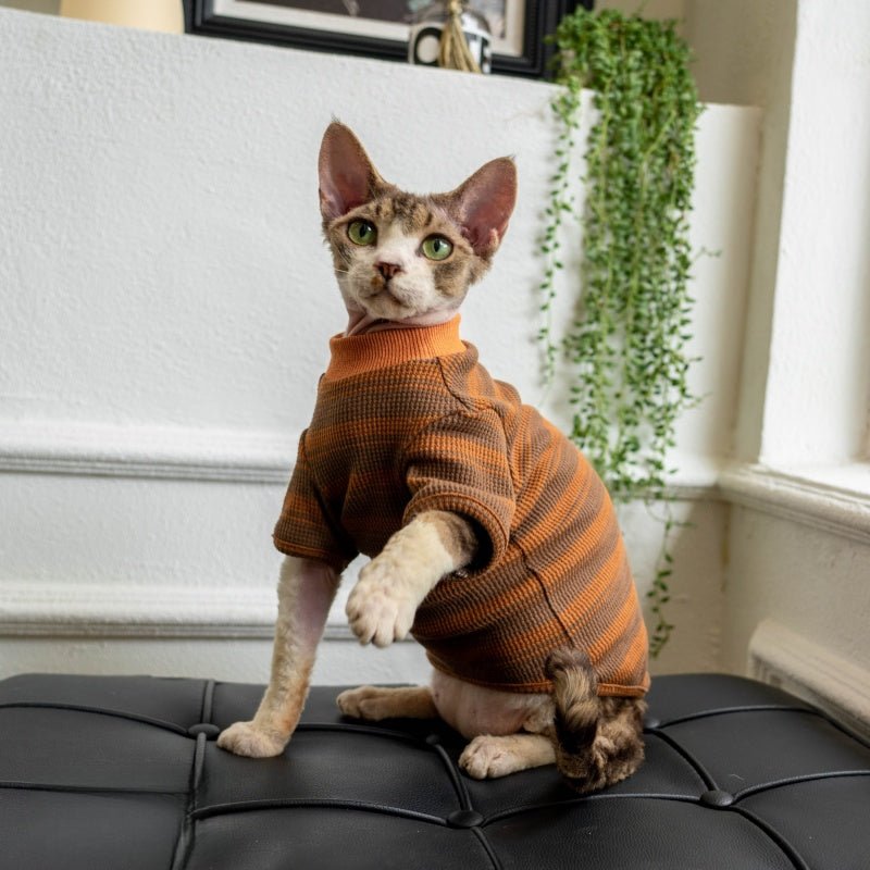 Cotton Waffle Stripe Crewneck T-Shirt Cozy Sweatshirt Sphynx Cat Clothes - PIKAPIKA