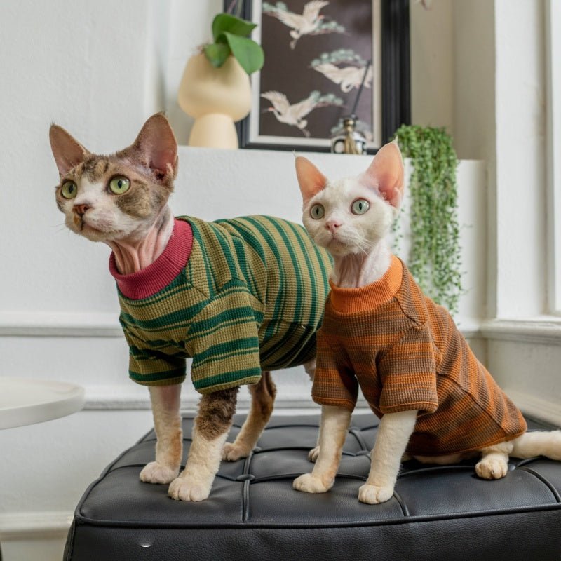 Cotton Waffle Stripe Crewneck T-Shirt Cozy Sweatshirt Sphynx Cat Clothes - PIKAPIKA