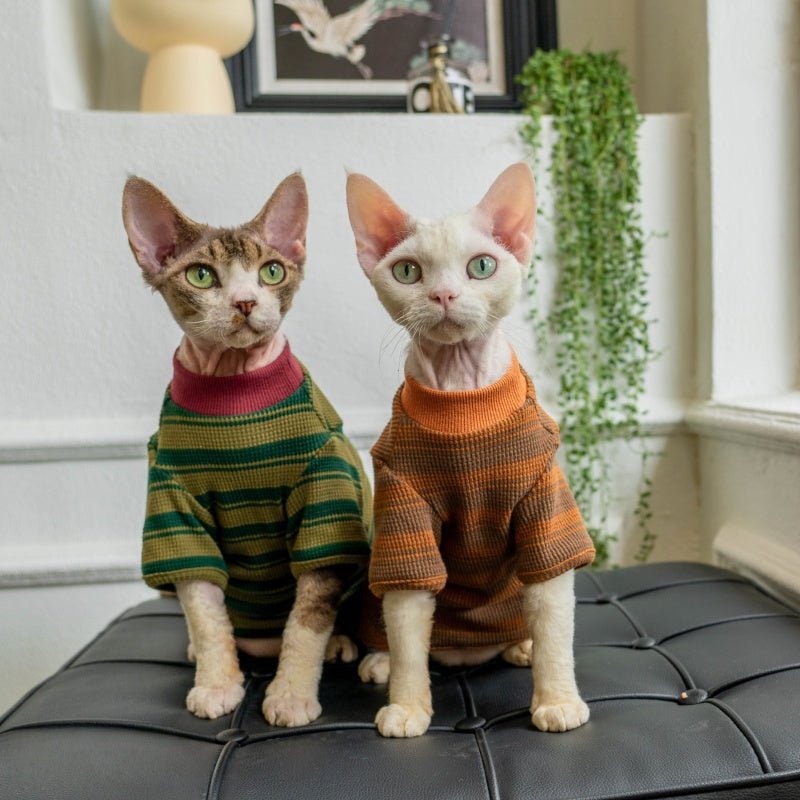 Cotton Waffle Stripe Crewneck T-Shirt Cozy Sweatshirt Sphynx Cat Clothes - PIKAPIKA