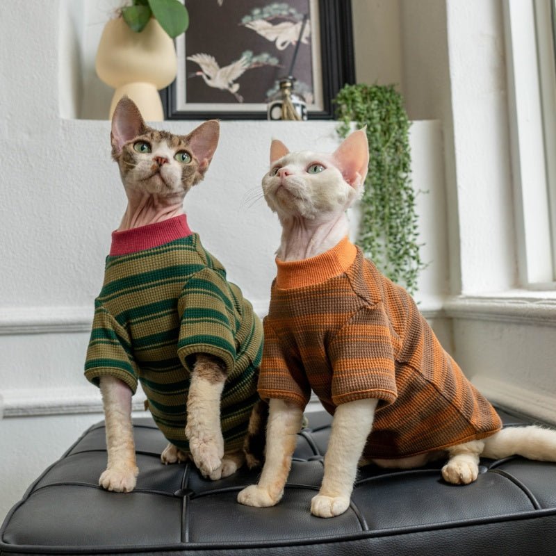 Cotton Waffle Stripe Crewneck T-Shirt Cozy Sweatshirt Sphynx Cat Clothes - PIKAPIKA