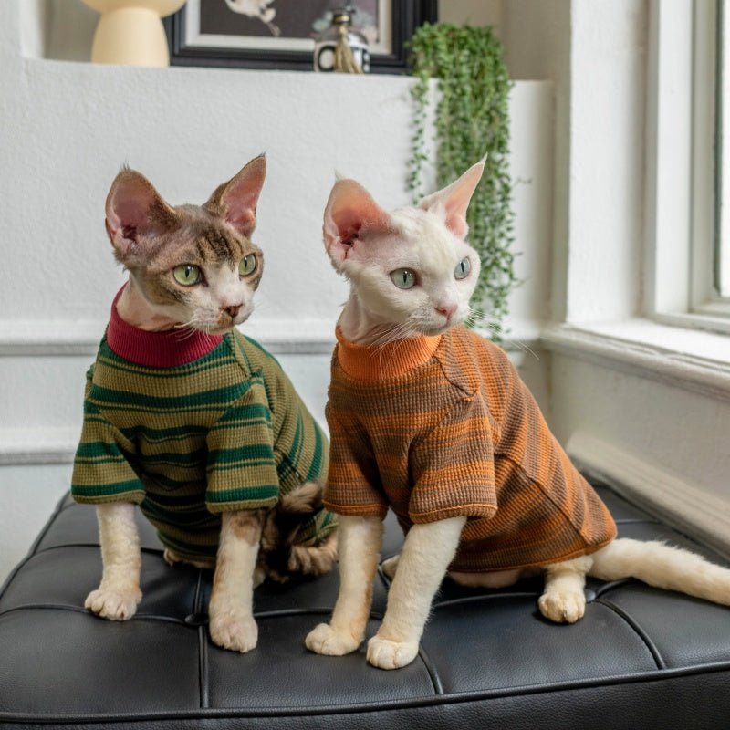 Cotton Waffle Stripe Crewneck T-Shirt Cozy Sweatshirt Sphynx Cat Clothes - PIKAPIKA