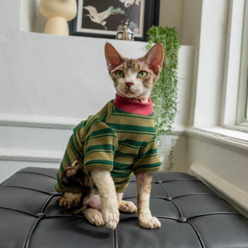 Cotton Waffle Stripe Crewneck T-Shirt Cozy Sweatshirt Sphynx Cat Clothes - PIKAPIKA