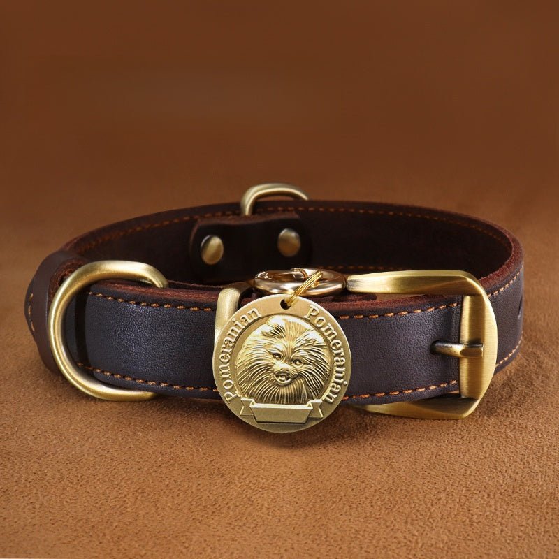 Custom Engraved Leather Dog Collar with ID Tag & Bell Anti - Lost Pet Neck Strap - PIKAPIKA