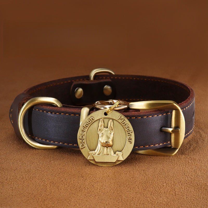 Custom Engraved Leather Dog Collar with ID Tag & Bell Anti - Lost Pet Neck Strap - PIKAPIKA