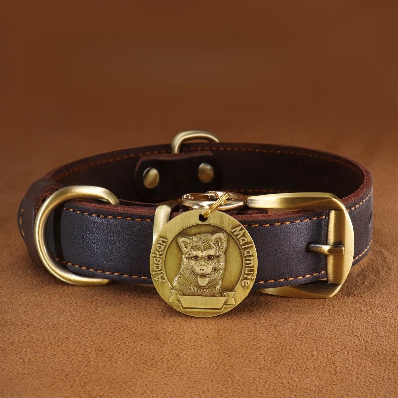Custom Engraved Leather Dog Collar with ID Tag & Bell Anti - Lost Pet Neck Strap - PIKAPIKA