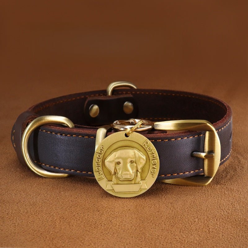 Custom Engraved Leather Dog Collar with ID Tag & Bell Anti - Lost Pet Neck Strap - PIKAPIKA