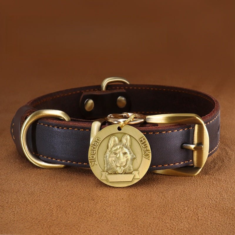 Custom Engraved Leather Dog Collar with ID Tag & Bell Anti - Lost Pet Neck Strap - PIKAPIKA