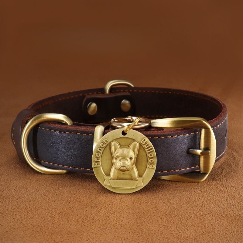 Custom Engraved Leather Dog Collar with ID Tag & Bell Anti - Lost Pet Neck Strap - PIKAPIKA