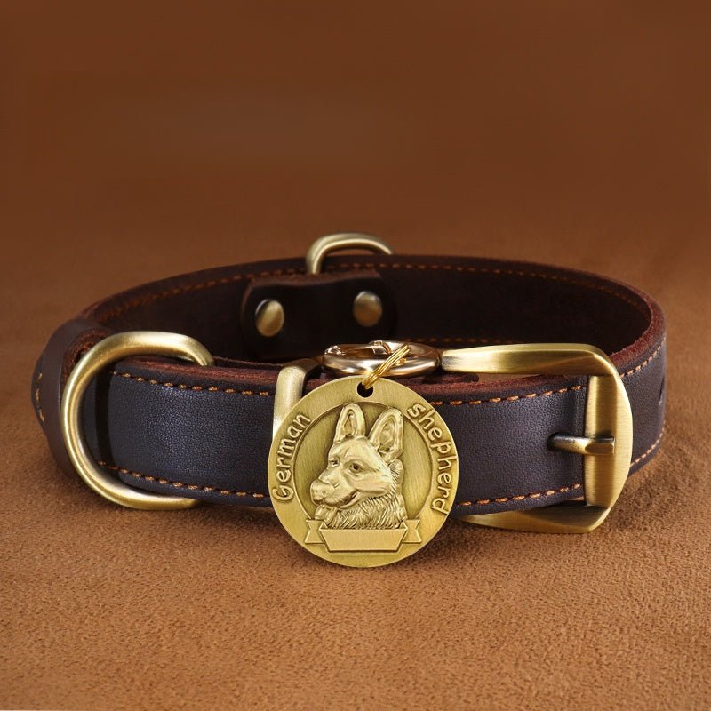 Custom Engraved Leather Dog Collar with ID Tag & Bell Anti - Lost Pet Neck Strap - PIKAPIKA