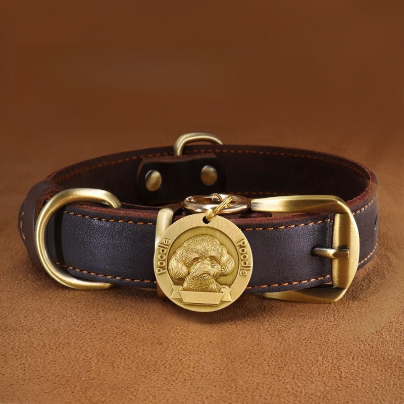 Custom Engraved Leather Dog Collar with ID Tag & Bell Anti - Lost Pet Neck Strap - PIKAPIKA