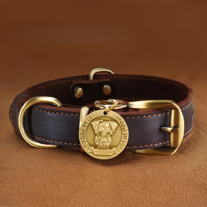 Custom Engraved Leather Dog Collar with ID Tag & Bell Anti - Lost Pet Neck Strap - PIKAPIKA