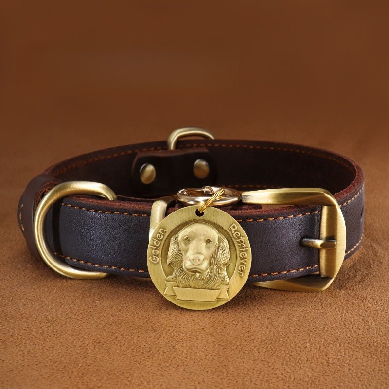 Custom Engraved Leather Dog Collar with ID Tag & Bell Anti - Lost Pet Neck Strap - PIKAPIKA