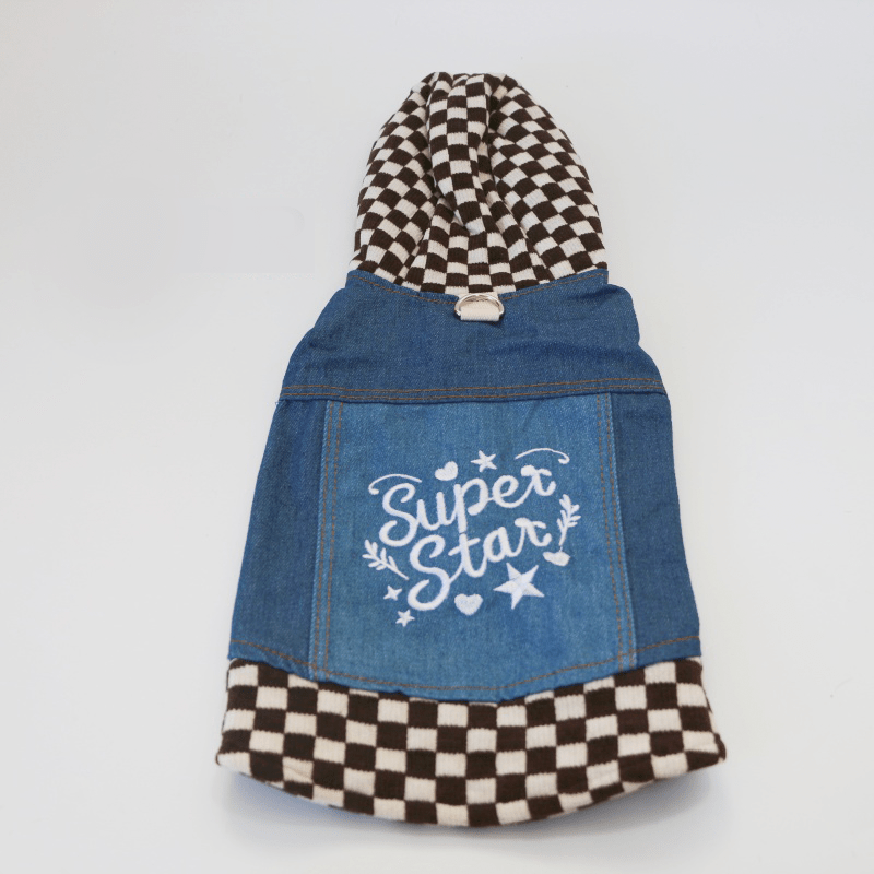 Dachshund Dog Clothes Denim Patchwork Checkered Hooded Button Sweatshirt Jacket - PIKAPIKA