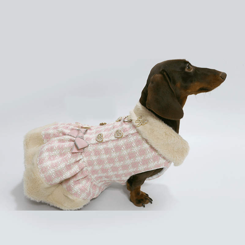 Dachshund Dog Clothes Luxury Tweed Faux Fur Dress Elegant Lady - PIKAPIKA