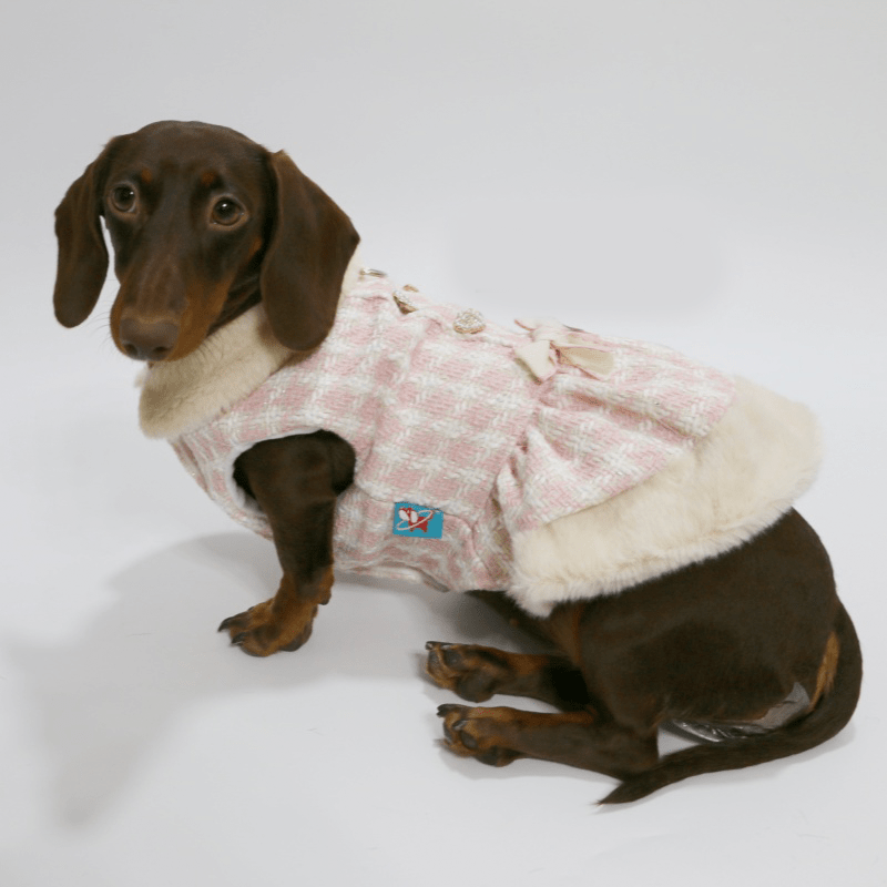 Dachshund Dog Clothes Luxury Tweed Faux Fur Dress Elegant Lady - PIKAPIKA
