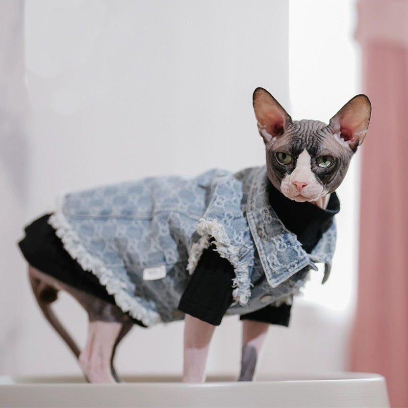 Denim Cotton Hip Vest Jacket Sphynx Cat Clothes - PIKAPIKA