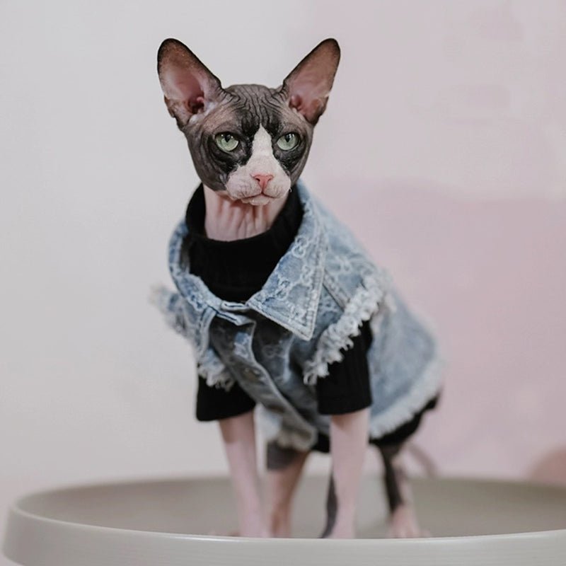 Denim Cotton Hip Vest Jacket Sphynx Cat Clothes - PIKAPIKA