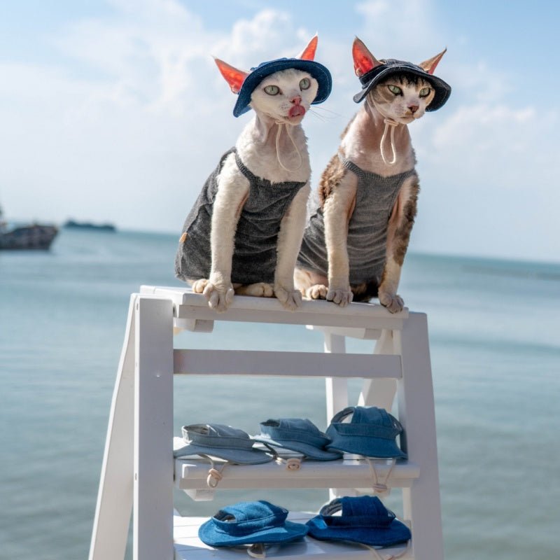 Denim Sun Hat Sphynx Cat Clothes Devon Rex Cotton Summer Fisherman Hat - PIKAPIKA