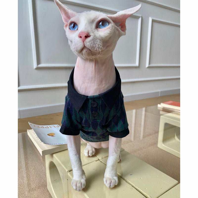 Diamond Check Polo Shirt Sphynx Cat Clothes - PIKAPIKA