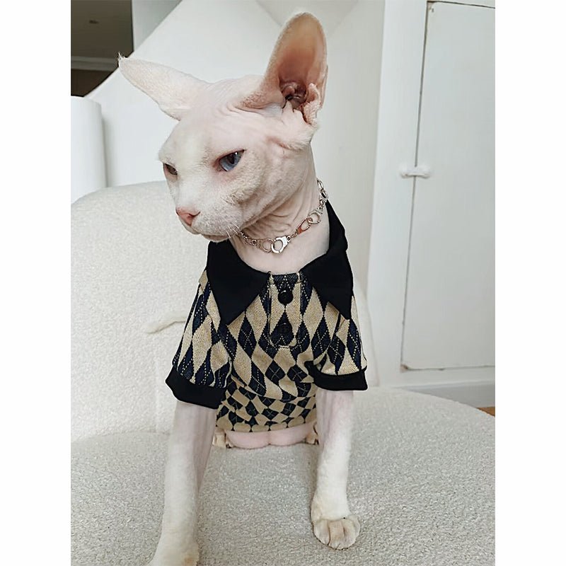 Diamond Check Polo Shirt Sphynx Cat Clothes - PIKAPIKA