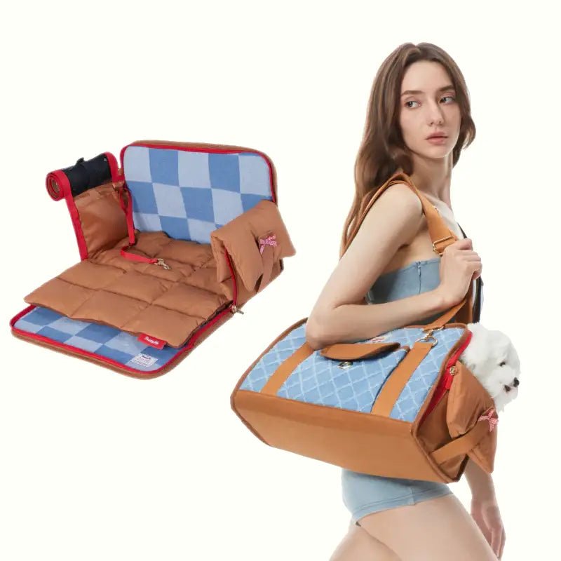 Dog Carrier Cotton Denim Portable Car Seat with Soft Padded for Bichon Maltese - PIKAPIKA