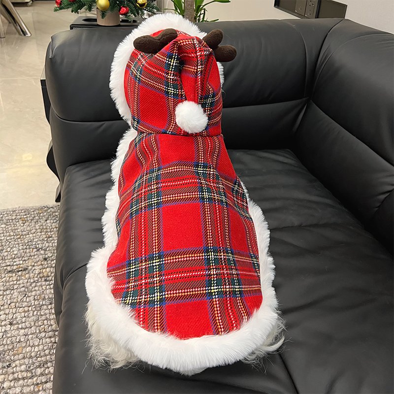 Dog Clothes Fleece Cloak Tartan Christmas Coat with Hat - PIKAPIKA