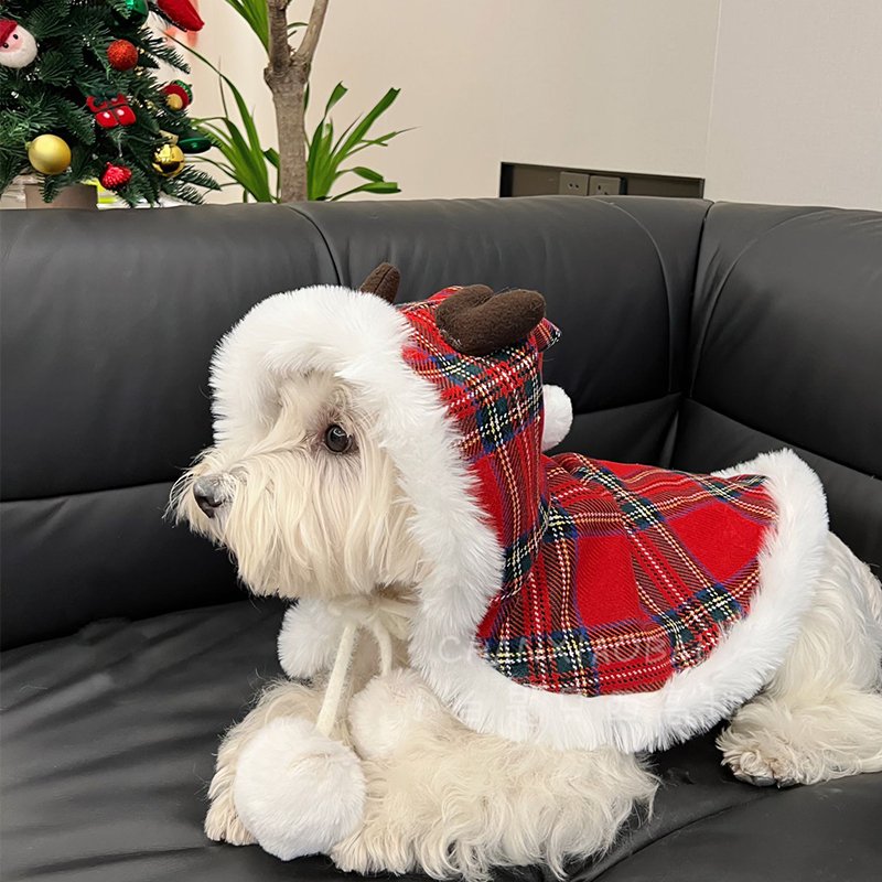 Dog Clothes Fleece Cloak Tartan Christmas Coat with Hat - PIKAPIKA